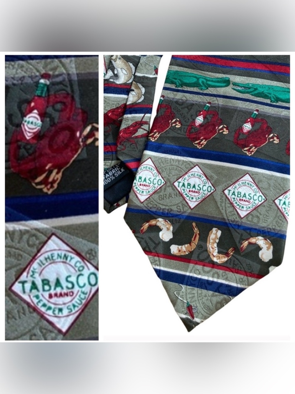 Vintage Official Tabasco Hot Sauce Neck Tie Pure Silk Red & Green Seafood
